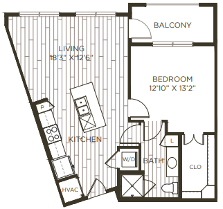 Floor plan for 1 bed, 1 bath, 743 sqft